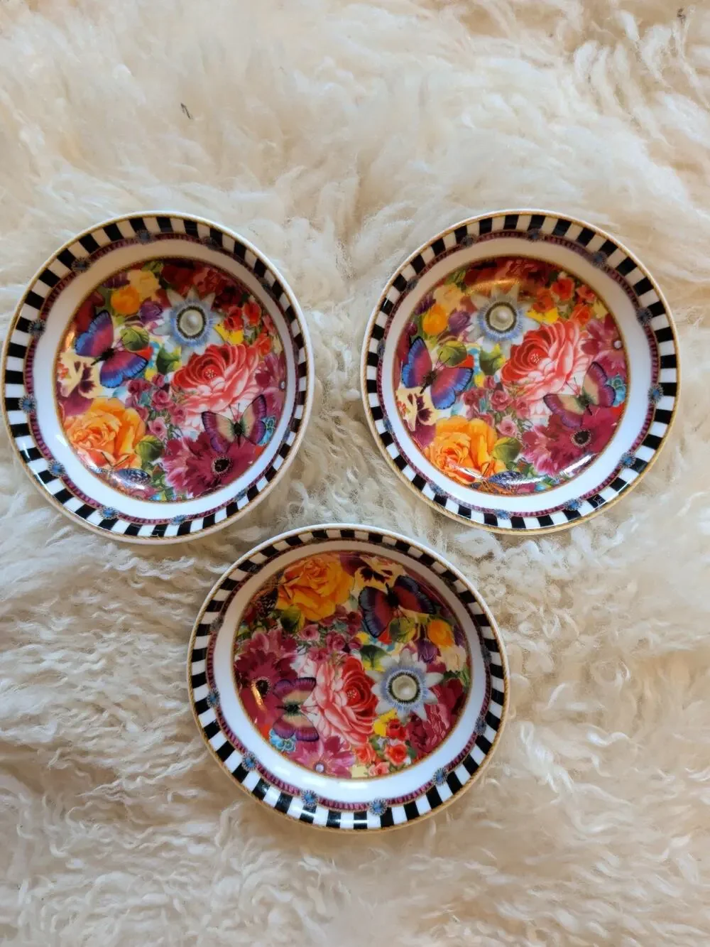 Lenox Melli Mello Eliza Stripe Floral Butterfly Porcelain Dipping Bowls Set of 3
